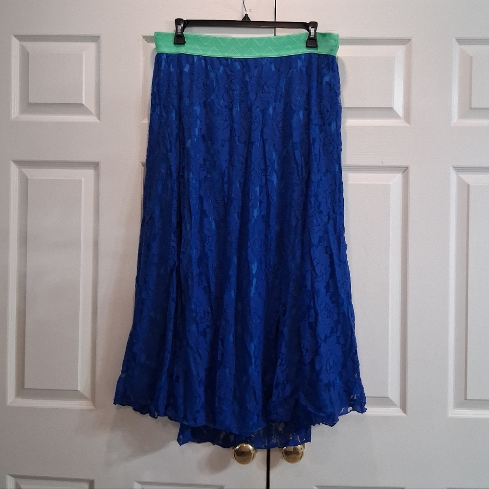 LuLaRoe Lola Rare Limited Blue Green Modest Lace Crochet Women's Skirt Size 2XL